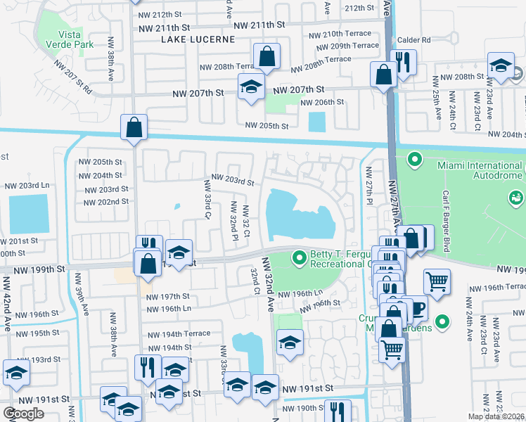 map of restaurants, bars, coffee shops, grocery stores, and more near 20213 Northwest 32nd Avenue in Miami Gardens