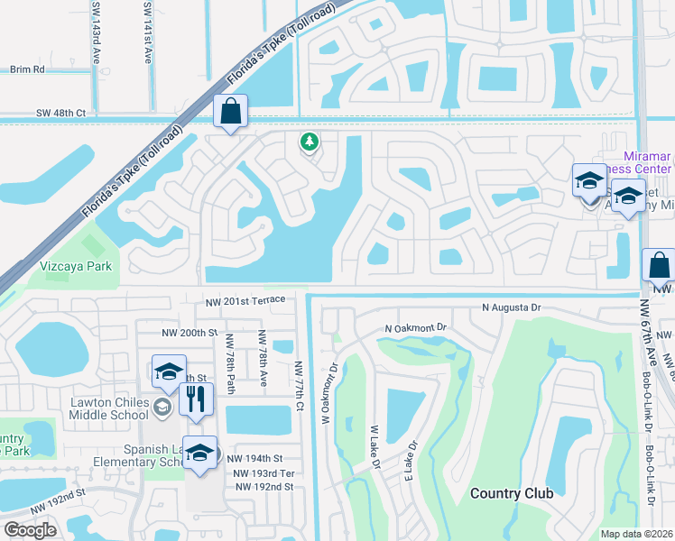 map of restaurants, bars, coffee shops, grocery stores, and more near 5450 Southwest 134th Avenue in Miramar