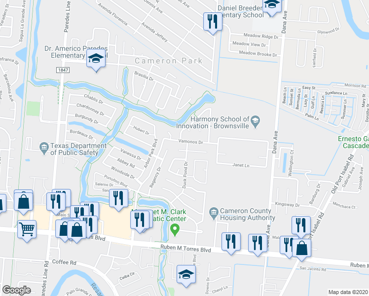 map of restaurants, bars, coffee shops, grocery stores, and more near 3299 Ticonderoga Drive in Brownsville