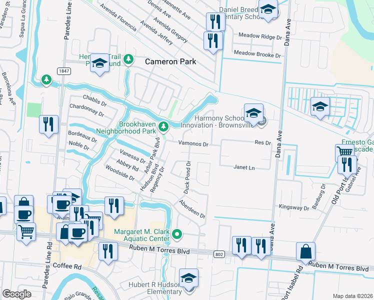 map of restaurants, bars, coffee shops, grocery stores, and more near 3288 Ticonderoga Drive in Brownsville