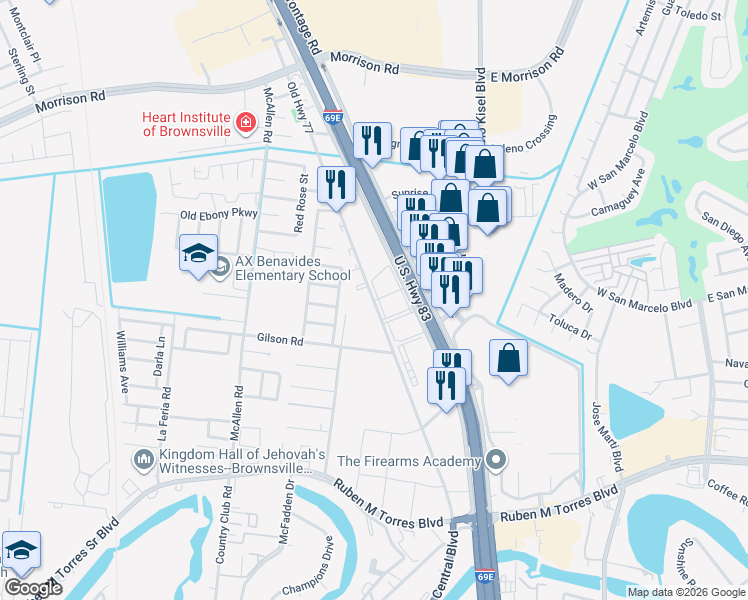 map of restaurants, bars, coffee shops, grocery stores, and more near 3860 Old Highway 77 in Brownsville