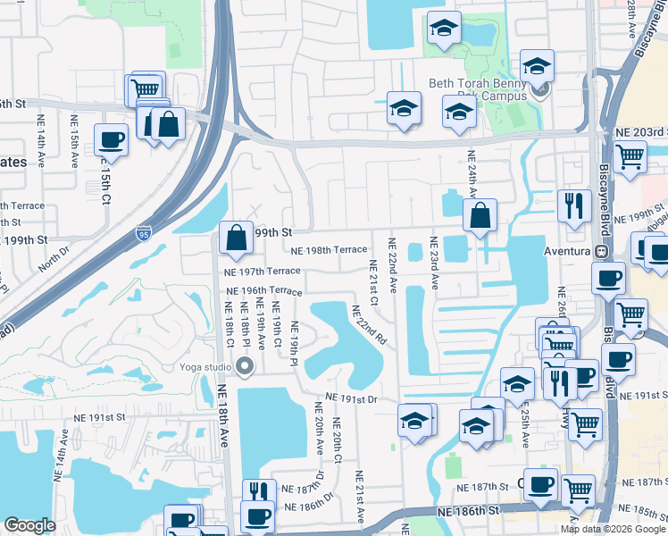 map of restaurants, bars, coffee shops, grocery stores, and more near 2045 NE 197th Terrace in North Miami Beach