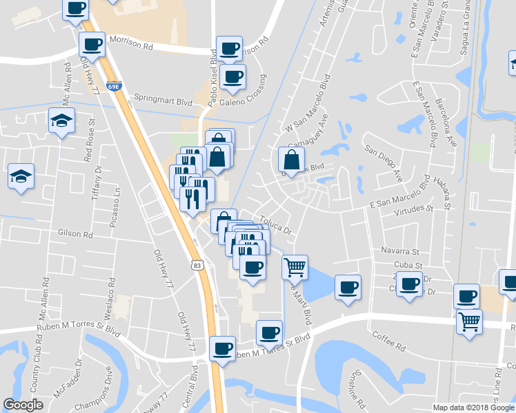 map of restaurants, bars, coffee shops, grocery stores, and more near 2064 Matehuala Court in Brownsville