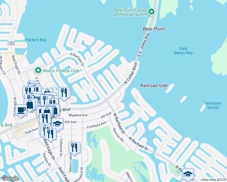 map of restaurants, bars, coffee shops, grocery stores, and more near 1342 North Collier Boulevard in Marco Island