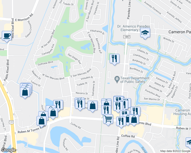map of restaurants, bars, coffee shops, grocery stores, and more near 155 Virtudes Street in Brownsville