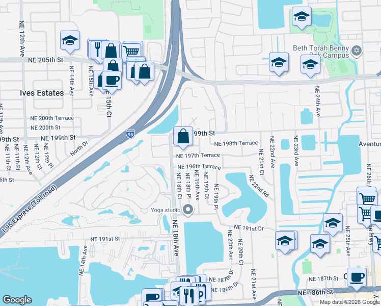map of restaurants, bars, coffee shops, grocery stores, and more near 1850 Northeast 197th Terrace in Miami