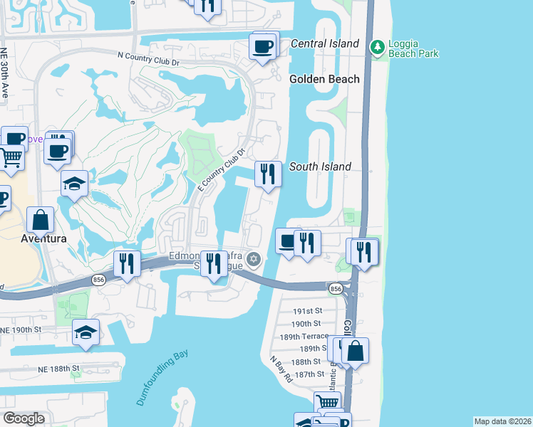 map of restaurants, bars, coffee shops, grocery stores, and more near 19667 Turnberry Way in Aventura
