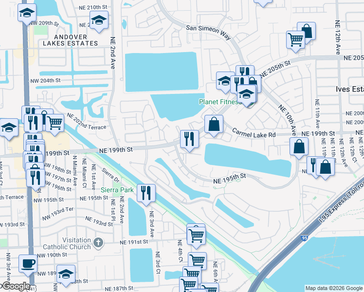 map of restaurants, bars, coffee shops, grocery stores, and more near 447 Northeast 195th Street in Miami
