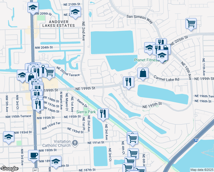 map of restaurants, bars, coffee shops, grocery stores, and more near 378 Northeast 195th Street in Miami