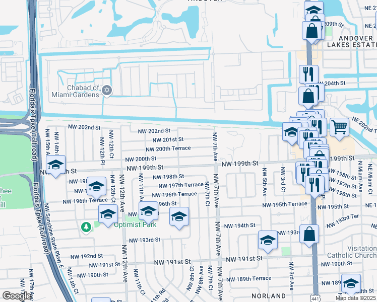 map of restaurants, bars, coffee shops, grocery stores, and more near 765 Northwest 200th Street in Miami