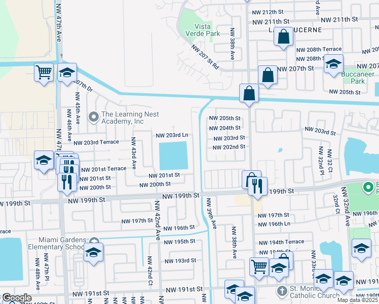 map of restaurants, bars, coffee shops, grocery stores, and more near 20222 Northwest 39th Court in Miami Gardens