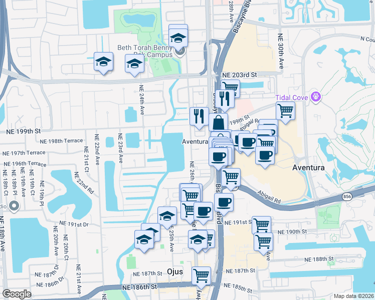 map of restaurants, bars, coffee shops, grocery stores, and more near 19700 Northeast 26th Avenue in Miami