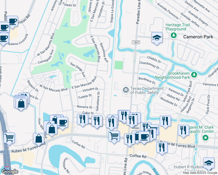 map of restaurants, bars, coffee shops, grocery stores, and more near 28 Irapuato Court in Brownsville