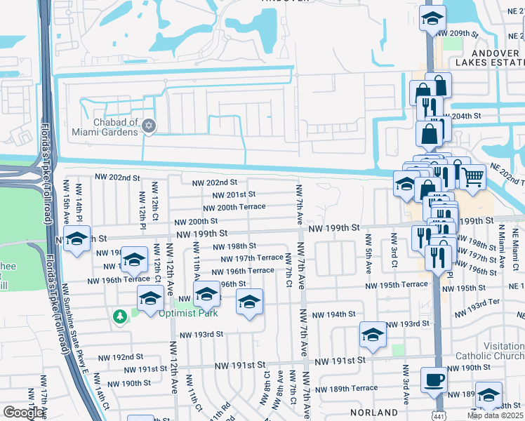 map of restaurants, bars, coffee shops, grocery stores, and more near 765 Northwest 200th Street in Miami