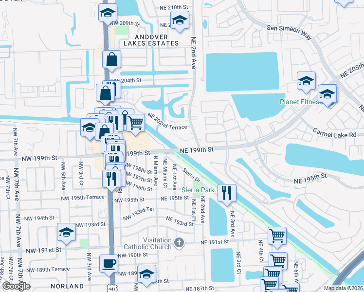 map of restaurants, bars, coffee shops, grocery stores, and more near 109 Northeast 199th Street in Miami Gardens