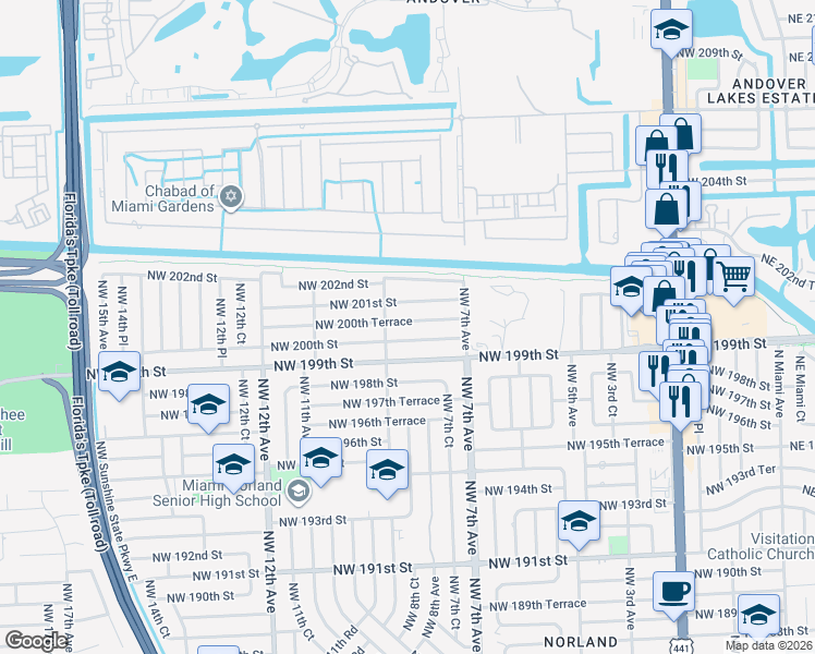 map of restaurants, bars, coffee shops, grocery stores, and more near 765 Northwest 200th Street in Miami
