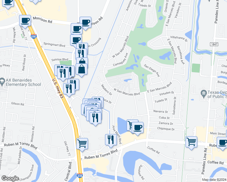 map of restaurants, bars, coffee shops, grocery stores, and more near 2135 Madero Drive in Brownsville