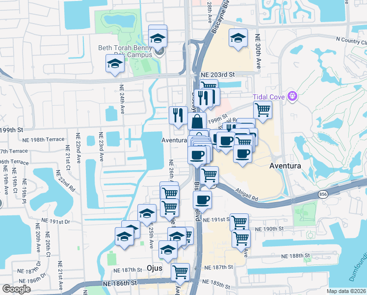 map of restaurants, bars, coffee shops, grocery stores, and more near 19770 West Dixie Highway in Miami