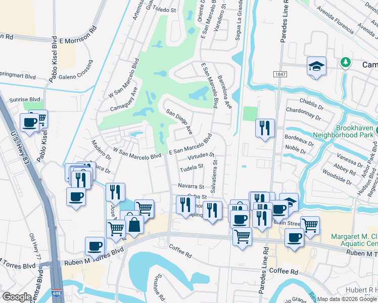 map of restaurants, bars, coffee shops, grocery stores, and more near 25 Virtudes Street in Brownsville