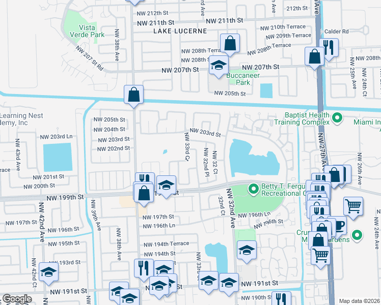 map of restaurants, bars, coffee shops, grocery stores, and more near 20211 Northwest 33rd Court in Miami Gardens