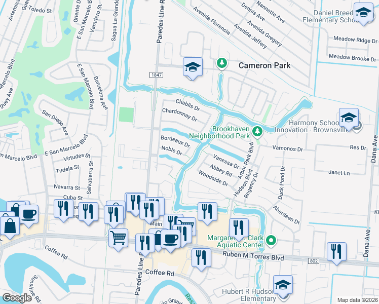 map of restaurants, bars, coffee shops, grocery stores, and more near 3288 Noble Drive in Brownsville