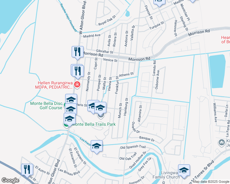 map of restaurants, bars, coffee shops, grocery stores, and more near 2472 Frankfurt Street in Brownsville