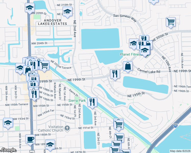 map of restaurants, bars, coffee shops, grocery stores, and more near 378 Northeast 195th Street in Miami