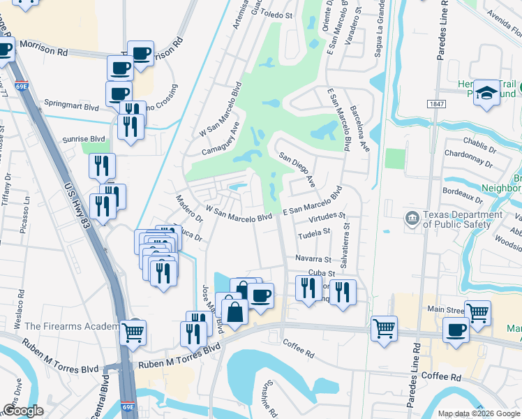 map of restaurants, bars, coffee shops, grocery stores, and more near 15 Vista Del Golf in Brownsville