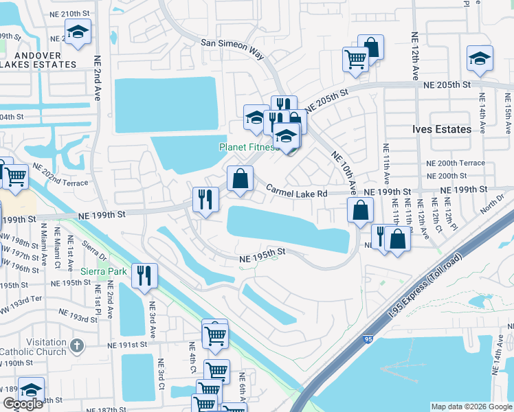 map of restaurants, bars, coffee shops, grocery stores, and more near 576-598 NE 199th Terrace in Miami