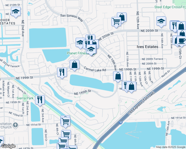 map of restaurants, bars, coffee shops, grocery stores, and more near 840 Northeast 199th Street in North Miami Beach