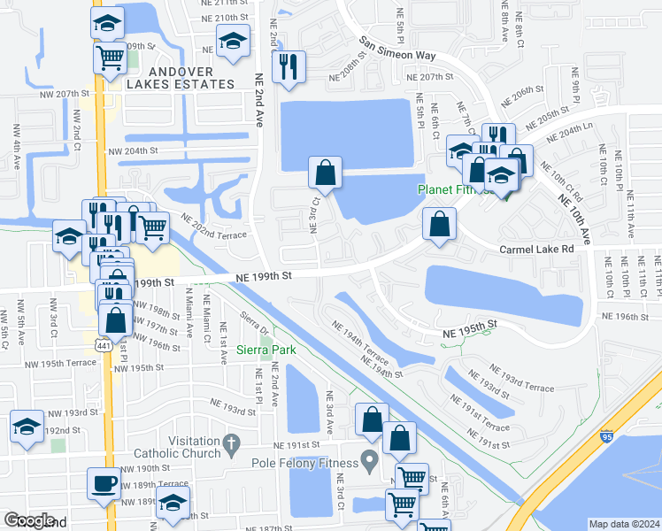 map of restaurants, bars, coffee shops, grocery stores, and more near 378 Northeast 195th Street in Miami