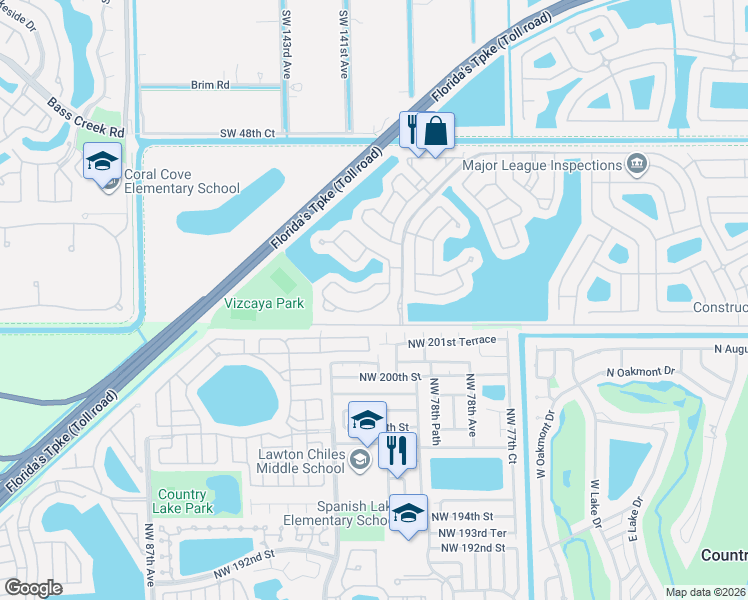 map of restaurants, bars, coffee shops, grocery stores, and more near 14044 Southwest 54th Street in Miramar