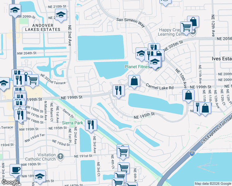 map of restaurants, bars, coffee shops, grocery stores, and more near 447 Northeast 195th Street in Miami