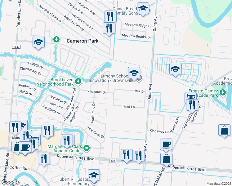 map of restaurants, bars, coffee shops, grocery stores, and more near 1201 Janet Lane in Brownsville