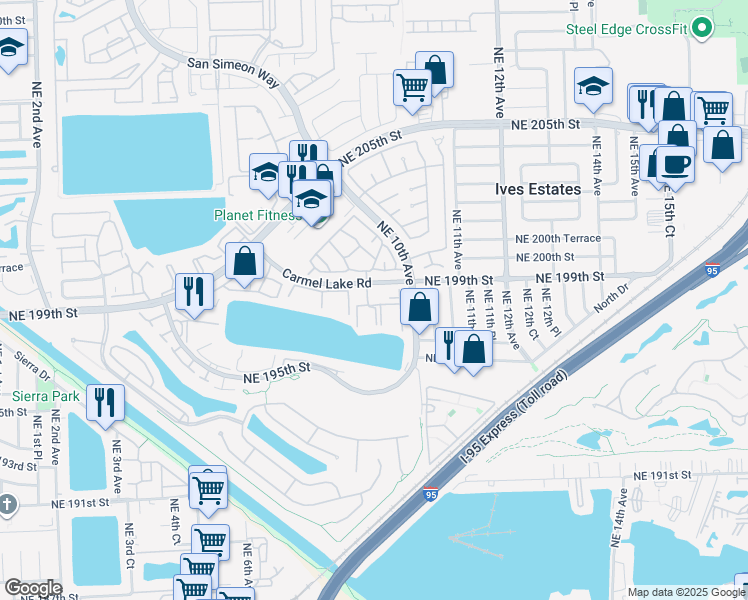 map of restaurants, bars, coffee shops, grocery stores, and more near 922 Northeast 199th Street in North Miami Beach