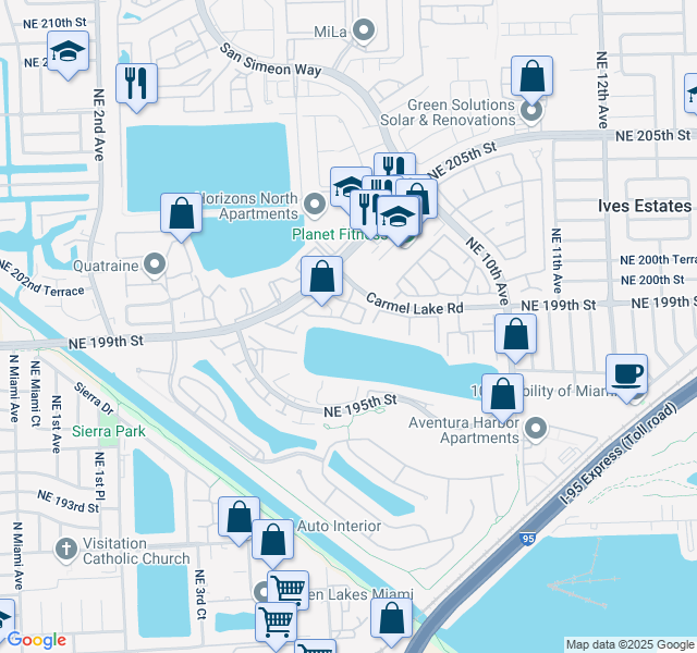 map of restaurants, bars, coffee shops, grocery stores, and more near 576-598 NE 199th Terrace in Miami