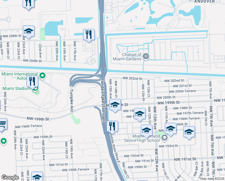 map of restaurants, bars, coffee shops, grocery stores, and more near 20020 Northwest 14th Place in Miami