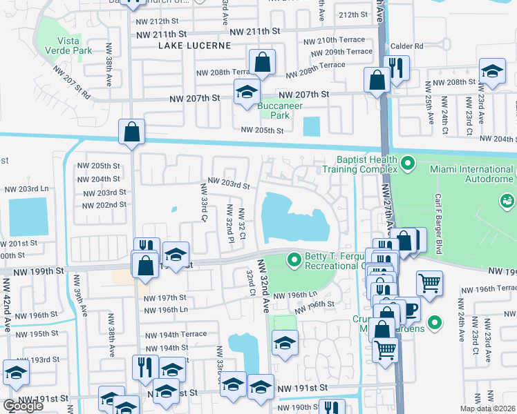 map of restaurants, bars, coffee shops, grocery stores, and more near 20213 Northwest 32nd Avenue in Miami Gardens