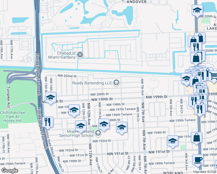 map of restaurants, bars, coffee shops, grocery stores, and more near 951 Northwest 200th Street in Miami