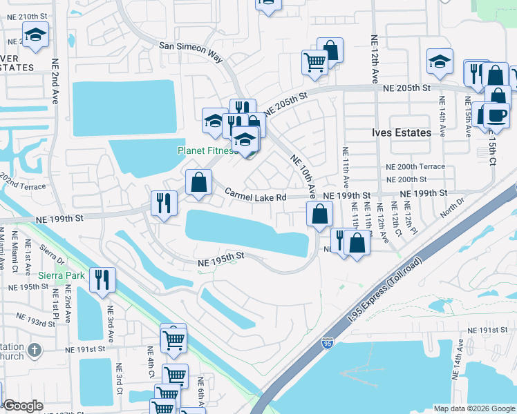 map of restaurants, bars, coffee shops, grocery stores, and more near 840 Northeast 199th Street in North Miami Beach