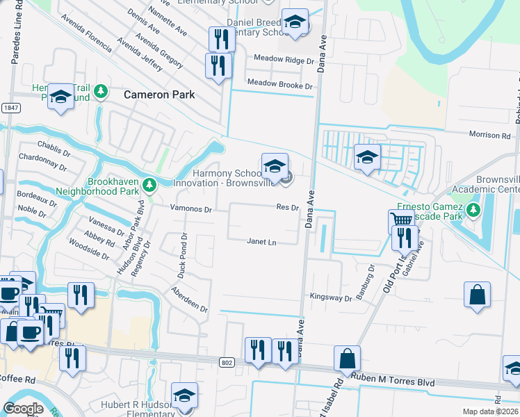 map of restaurants, bars, coffee shops, grocery stores, and more near 1577 Res Drive in Brownsville