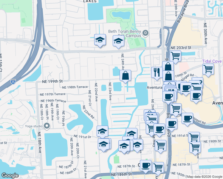 map of restaurants, bars, coffee shops, grocery stores, and more near 19700 Northeast 23rd Avenue in Miami