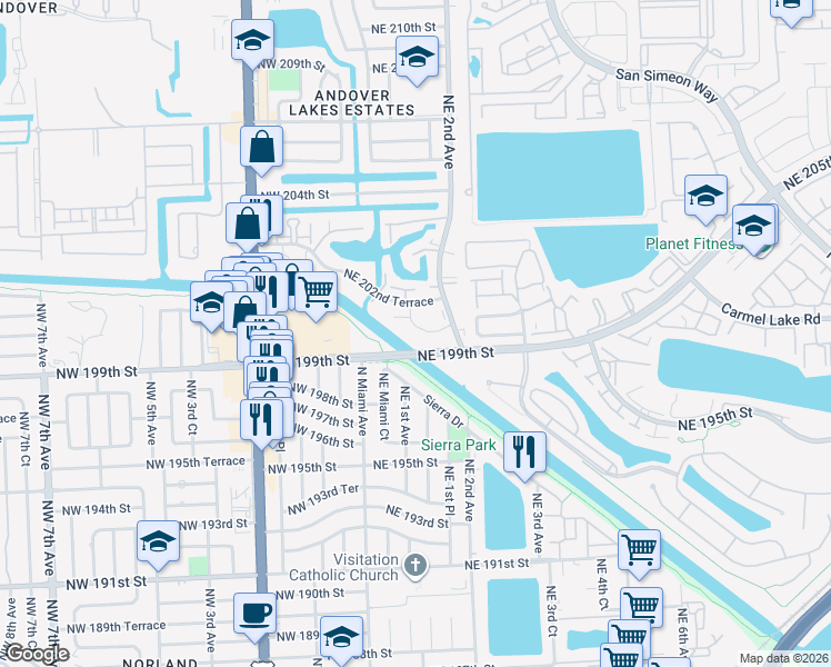 map of restaurants, bars, coffee shops, grocery stores, and more near 109 Northeast 199th Street in Miami Gardens