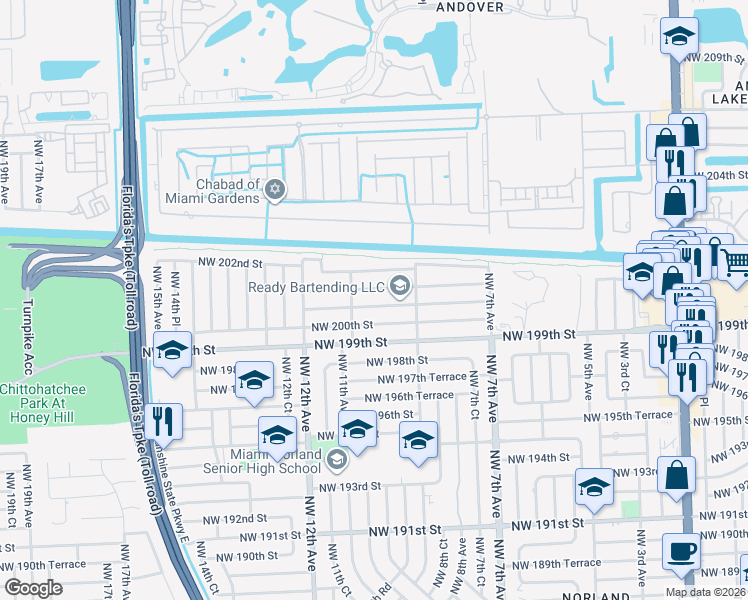 map of restaurants, bars, coffee shops, grocery stores, and more near 951 Northwest 200th Street in Miami