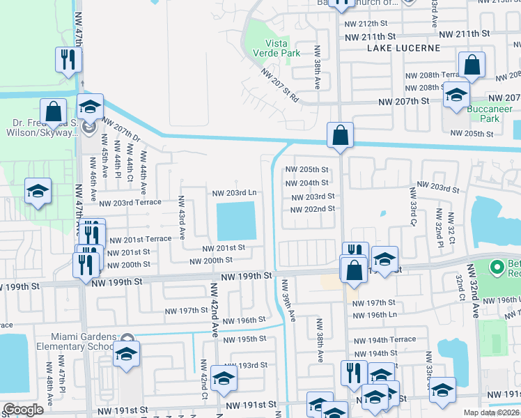 map of restaurants, bars, coffee shops, grocery stores, and more near 20213 Northwest 39th Court in Miami Gardens