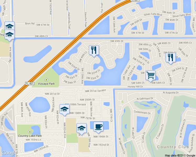 map of restaurants, bars, coffee shops, grocery stores, and more near Honey Hill Drive in Miami-Dade County