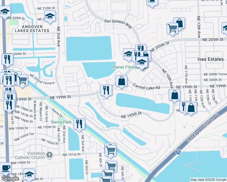map of restaurants, bars, coffee shops, grocery stores, and more near 19950 Northeast 5th Court in Miami