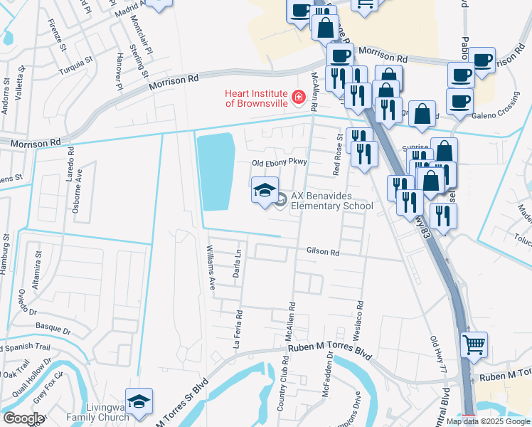 map of restaurants, bars, coffee shops, grocery stores, and more near 3101 McAllen Road in Brownsville