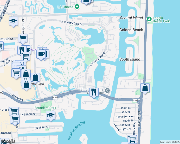map of restaurants, bars, coffee shops, grocery stores, and more near 19701 East Country Club Drive in Miami