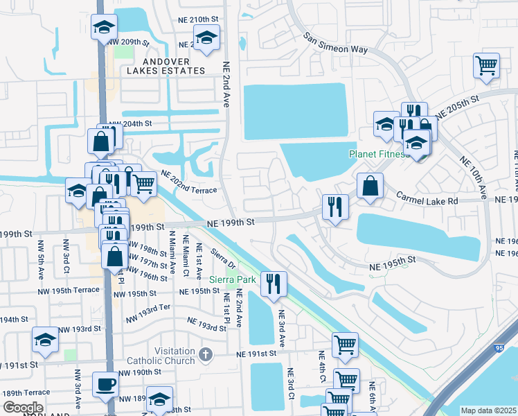 map of restaurants, bars, coffee shops, grocery stores, and more near 241 Northeast 199th Lane in Miami